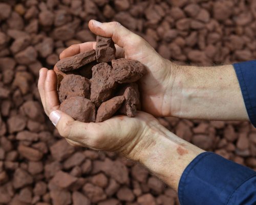 A person holding a handful of crushed iron ore close to the camera.